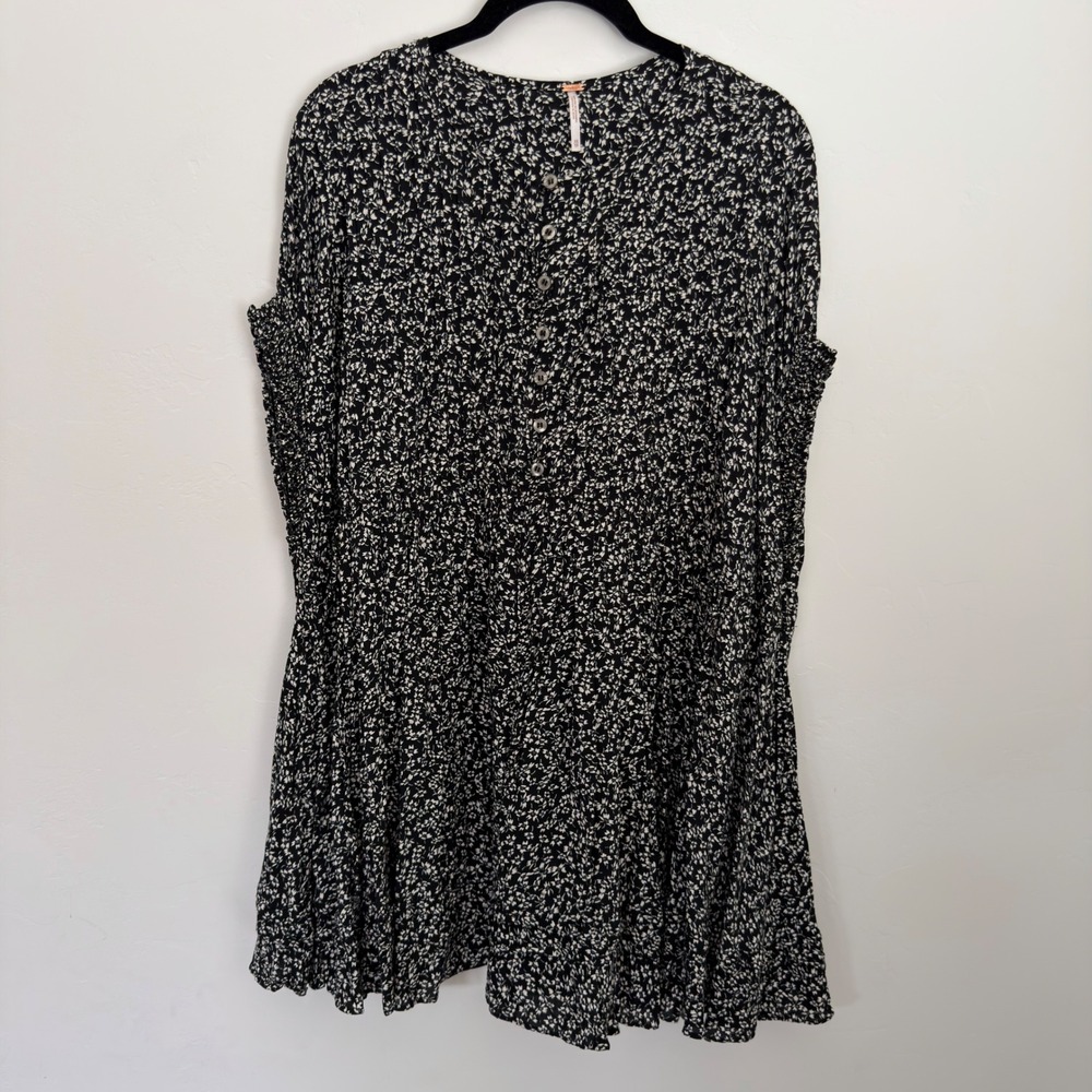 Free People Women Black White Floral Button Front Mini Dress XS Pockets Boho